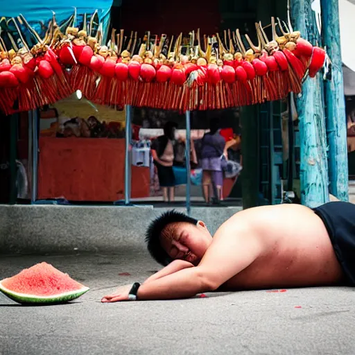 Image similar to a chinese fat guy lay on the ground with blood in a melon stall