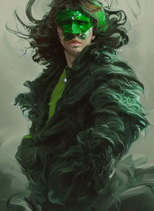 Image similar to a highly detailed illustration of young thick wavy messy haired guy wearing green face mask and brown noir coat, dramatic bored expression, intricate, elegant, highly detailed, centered, digital painting, artstation, concept art, smooth, sharp focus, league of legends concept art, wlop