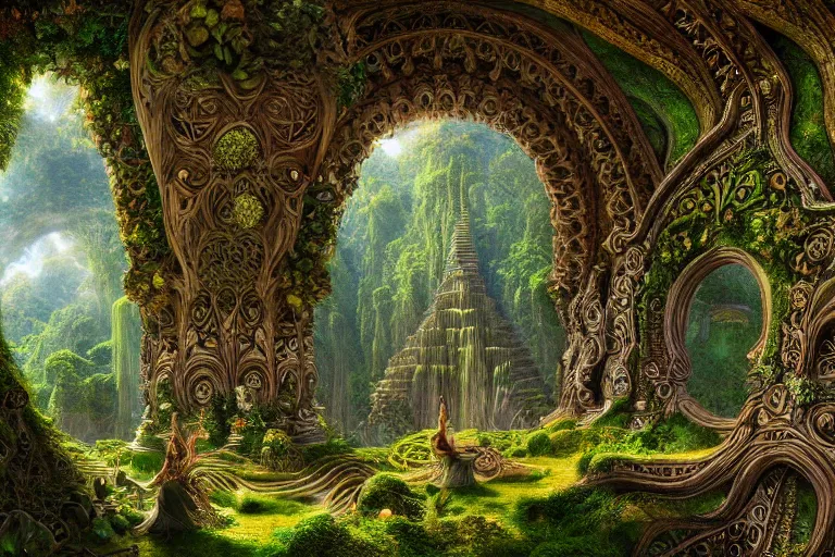 Image similar to a beautiful and highly detailed digital painting of an intricately designed elven temple in a lush valley, psychedelic patterns, intricate details, epic scale, 8 k, sharp focus, photorealism, artstation, cgsociety, by caspar friedrich, albert bierstadt, james gurney, alex grey, brian froud,