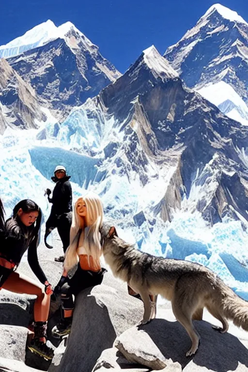 Image similar to kylie jenner mountain climbing on everest with wolves