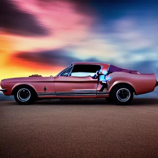 Prompt: long shot of 1967 Ford mustang Shelby GT500 in pink color at sunset in front a beach, 4k, HD Photography