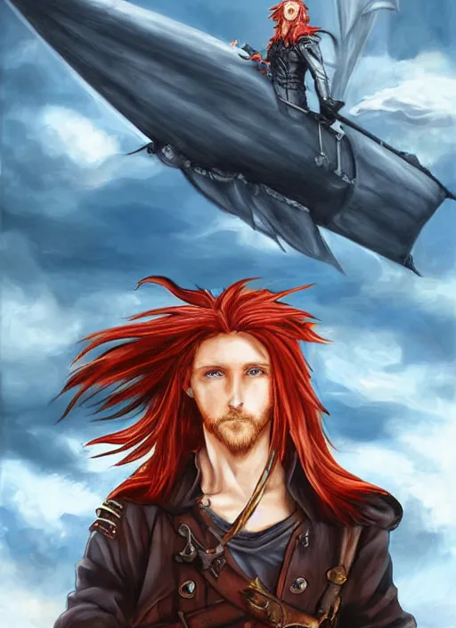 Image similar to epic fantasy portrait painting of a long haired, red headed male sky - pirate in front of an airship in the style of the full metal alchemist anime