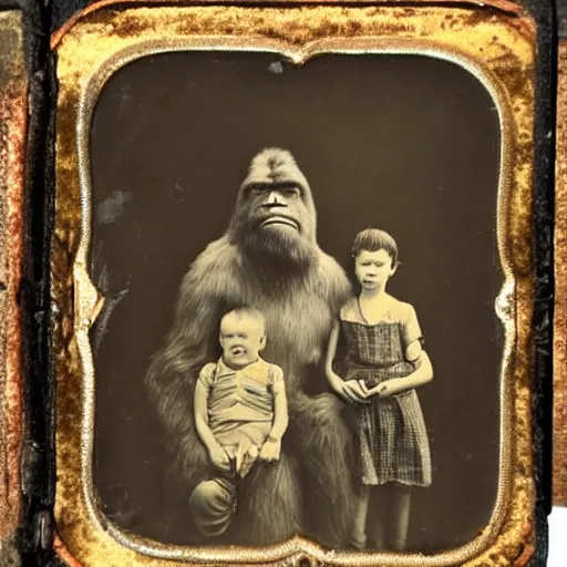 Image similar to a tintype photo of bigfoot and his family