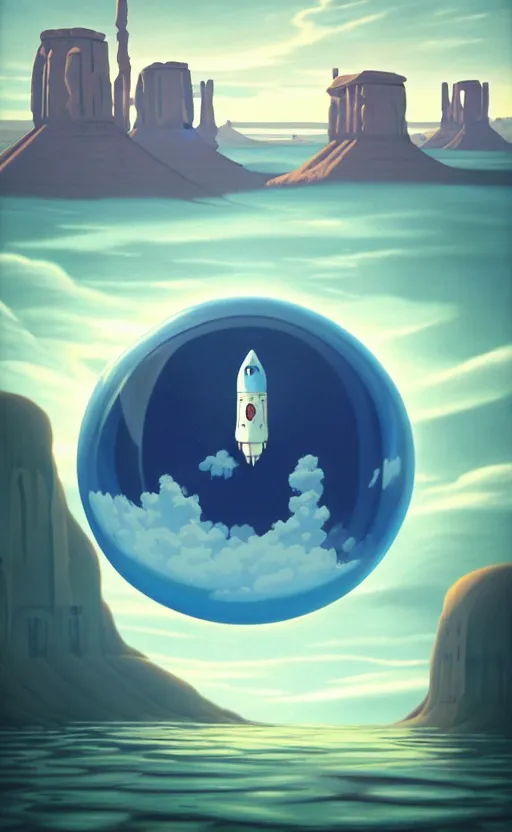 Image similar to a scary hyperrealist painting of a rocketship in a giant transparent square bubble from howl's moving castle ( 2 0 0 4 ) in a flooded monument valley stonehenge jungle. depth perception, 4 k, artstation, in the style of studio ghibli