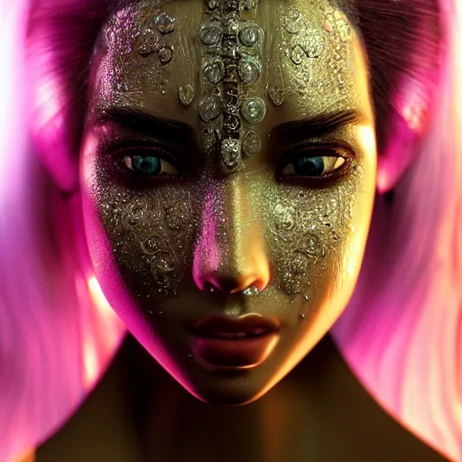 Image similar to full body detailed, ethereal, human body, covered in diamonds and other gems glowing, highly detailed face, elegant posed, intricate, extremy detailed, beeple, cgsociety, 3 d unreal engine octane render. cinematic lighting, highly detailed 4 k art