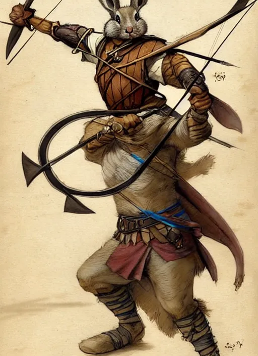 Prompt: a heroic rabbit archer with bow and arrow on a parchment background, redwall, greg rutowski and jean baptiste monge, detailed, epic fantasy concept art