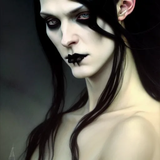 Image similar to portrait painting of an androgynous goth witch with shoulder length flowing black hair pale skin and beautiful dark brown eyes, ultra realistic, concept art, intricate details, eerie, highly detailed, photorealistic, octane render, 8 k, unreal engine. art by artgerm and greg rutkowski and alphonse mucha