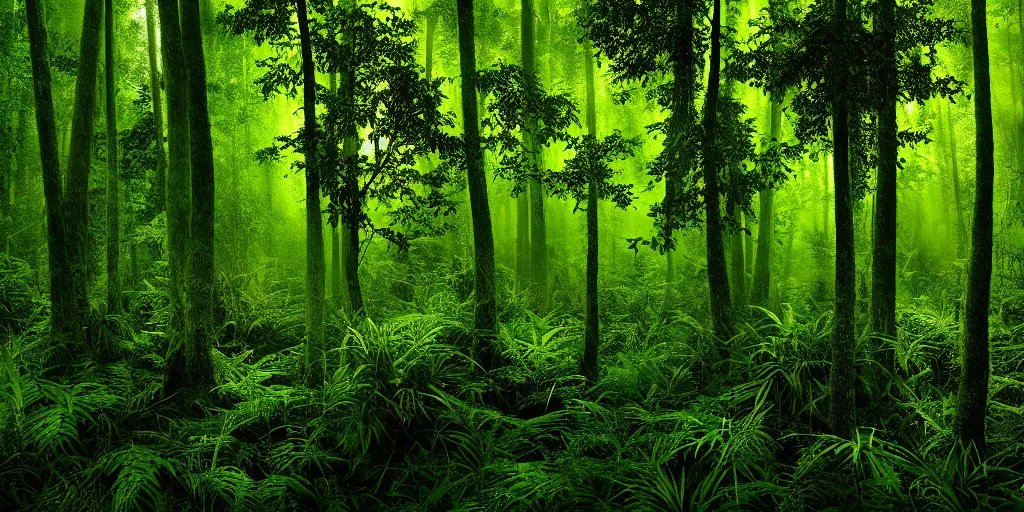 Image similar to lush forest, dense vegetation, against light, bright details, contrasting, daylight, highly detailed, by dieter rams, national geographic magazine, reportage photo, natural colors