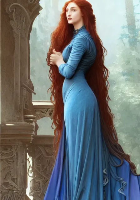 Image similar to sansa stark in blue dress with long hair, intricate, elegant, highly detailed, digital painting, artstation, concept art, smooth, sharp focus, illustration, art by artgerm and greg rutkowski and alphonse mucha and william - adolphe bouguereau