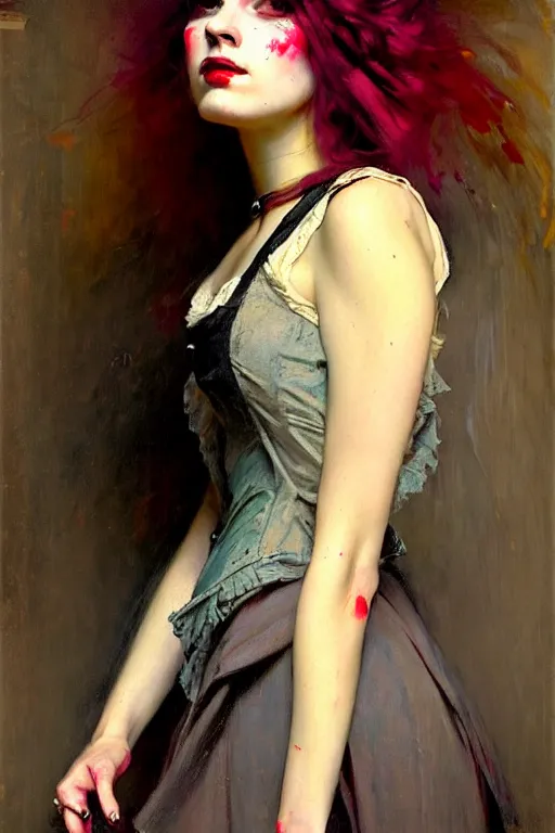 Prompt: painterly style!!! solomon joseph solomon and richard schmid and jeremy lipking victorian loose genre loose painting full length portrait painting of a young beautiful woman punk rocker