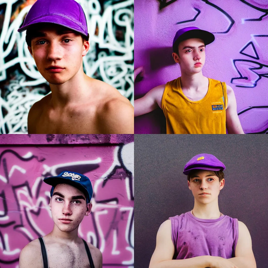 Prompt: portrait of a boy ( university student ) with light freckles wearing a violet velour basecap and tanktop, looking shyly into the camera for a cover of a gay print magazine, f 1. 4, award winning photograph, experimental lighting, soft focus, city + graffiti background