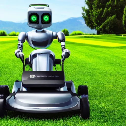 Prompt: Robot mowing the lawn on a bright sunny day, sky is blue with clouds