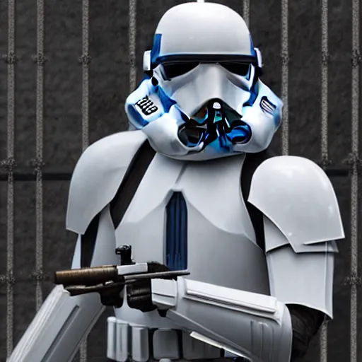 Prompt: star wars clone trooper, sitting on crate in Kamino, in the rain, detailed, incredible, 4k, photorealistic