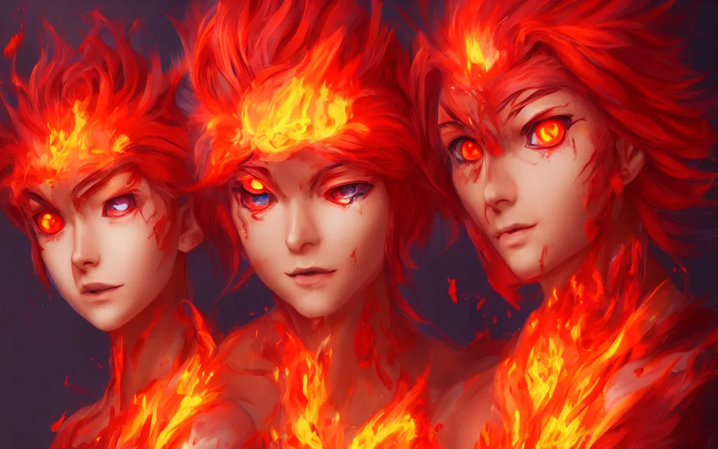 Image similar to A realistic anime portrait of a beautiful fire spirit twins with glowing red eyes and firey skin wearing clothes made of flames, digital painting, by Stanley Artgerm Lau, Sakimichan, WLOP and Rossdraws, digtial painting, trending on ArtStation, SFW version