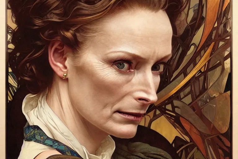 Prompt: hyper realistic portrait of tilda swildon, bigger forehead, bigger chin, from the side, by lee bermejo, alphonse mucha and greg rutkowski