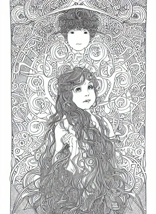 Image similar to clean simple line art of a little girl with wavy curly hair and a blank background. well composed, clean coloring book page, beautiful detailed face. coloring book line art by greg rutkowski and johanna basford and alphonse mucha