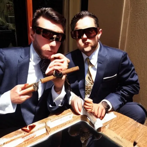 Image similar to cats in suits making business deals and smoking fat cigars