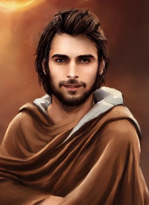 Prompt: a brown haired young eastern man with stubble, short hair, wearing brown jedi robes, smiling, close up, portrait style, star wars atmosphere, photographic print, artgerm, hyper - realistic