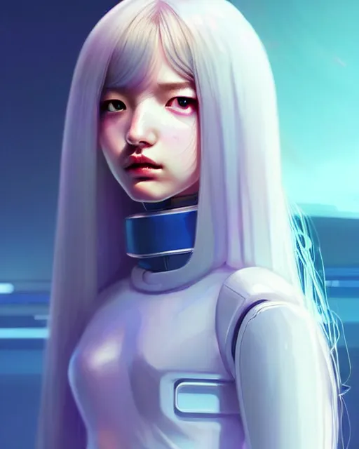 Image similar to perfect android girl family, full body character design, artgem, scifi, futuristic design, bae suzy, long white hair!!!, blue eyes, bold fashion and strong silhouettes, cinematic lighting, highly detailed, artstation, divine, by huifeng huang, beeple, goro fujita, smooth gradient.