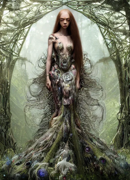Prompt: a beautiful hyperrealistic ultradetailed 3D, one girl, long hair, in a magnificent McQueen couture clothes on the background of a futuristic forest, Designer clothes, futuristic clothes, clothes from the future, biopunk, voge photo, fashion style, fullbody, in full growth, intricate, elegant, highly detailed, artstation, concept art, smooth, sharp focus, illustration, art by and greg rutkowski and orientalism and bouguereau and Zdzislaw Beksinski, good clear quality, lighting, biology