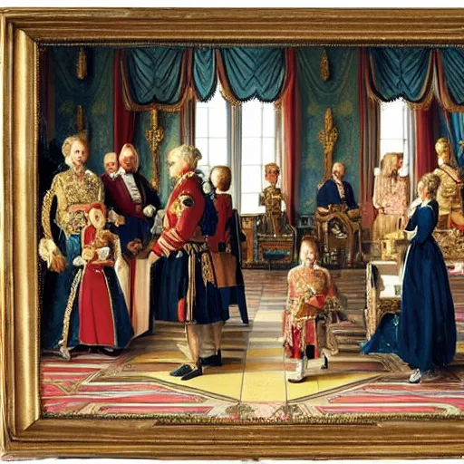 Prompt: royal family during an argument, hyper realistic painting, ultra detailed, exaggerated expressions, dynamic light, atmosphere