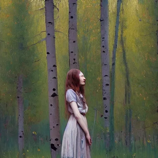 Image similar to “ woman with long hair, summer dress, standing between aspen trees in an aspen forest, style of jeremy lipking, joseph todorovitch ”