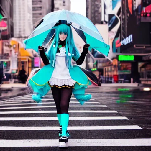 Image similar to hatsune miku cosplayer walking down a rainy new york city street, ef 8 5 mm f 1. usm
