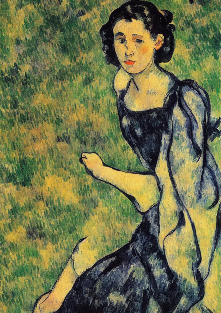 Image similar to a portrait of a young woman from the fifties, seated in front of a landscape background, her black hair is a long curly, she wears a dark green dress pleated in the front with yellow sleeves, puts her right hand on her left hand, post - impressionism, cezanne, gaugin, van gogh, seurat