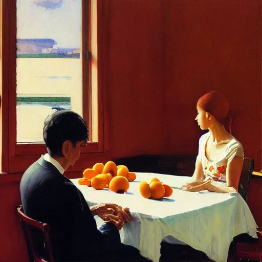 Prompt: oil painting of young leonard cohen in room with beautiful woman wearing second hand clothes, with bowl of oranges on table, and view through window of boat on river, by edward hopper, by norman rockwell, by eric fischl