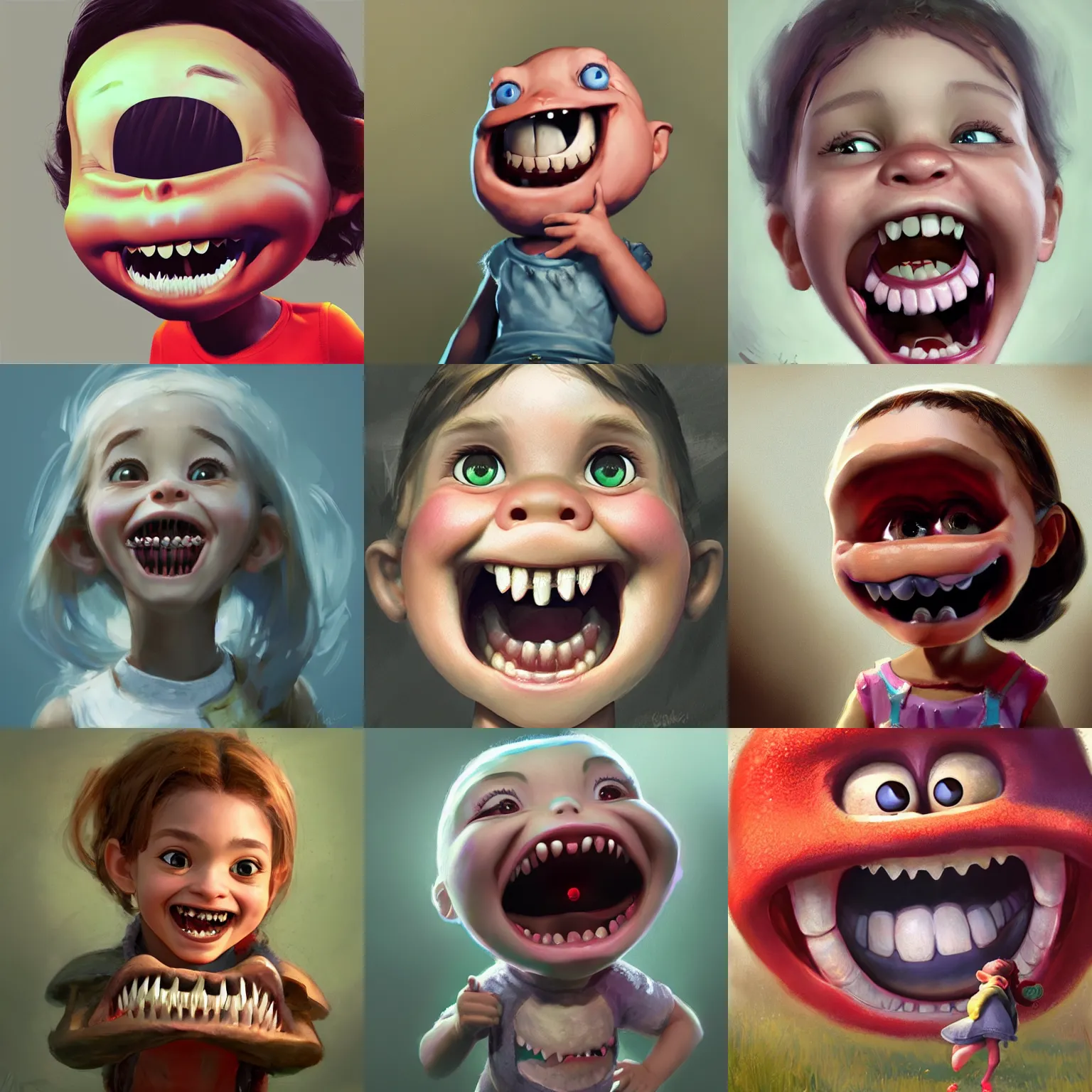 Prompt: a happy little girl with googly eyes and a lot of teeth in her big mouth, concept art, character illustration, artstation, craig mullins, unreal engine, pixar