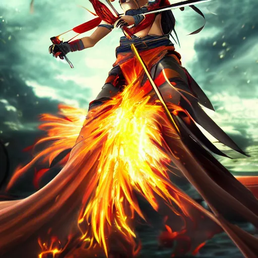 Prompt: japanese fire warrior goddess with a flaming sword ready to fight, anime style, insanely detailed, digital art, pixiv, much wow, wallpaper, 3 d, shaded, radiant light, illuminated.