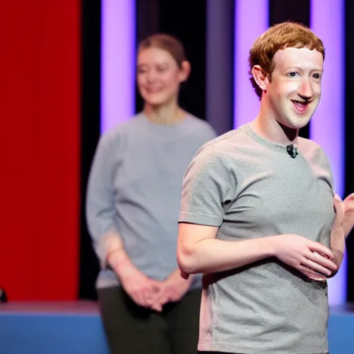 Image similar to mark zuckerberg in drag on stage, he is fulfilling his dreams, spotlight, beautiful, elegant, wide shot, live on stage, extreme detail