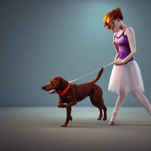 Image similar to still of woman working on her dog's clothing line, disney, comic book style, the dog is doing a ballet dance, highly detailed, 8k resolution, octane renderer