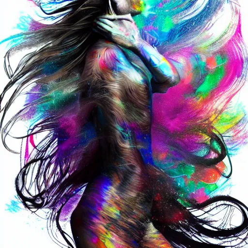 Prompt: glitch art humanoid with flowing hair floating in white space, long shot photography, full body, detailed hyperrealistic concept art illustration, smeared acrylic paint