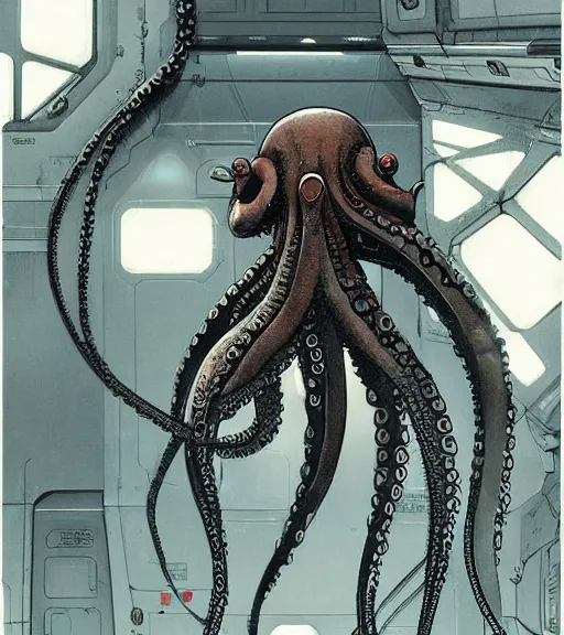 Image similar to a cybernetic realistic octopus in a space station, techwear, Industrial Scifi, detailed illustration, character portrait, by Ashley Wood and Moebius