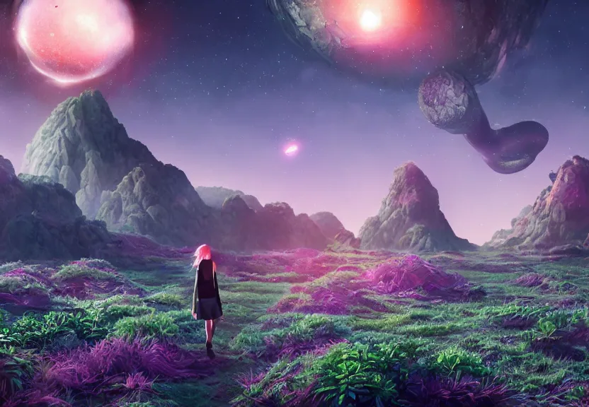 Prompt: a woman walking on a alien planet with alien plants and a giant galaxy appearing in the sky, digital art, anime style, 8K HDR, octane render, unreal engine 5, path tracing, breathtaking landscape, cinematic lighting, trending on Artstation, high quality, highly detailed, trending on DeviantArt, concept art
