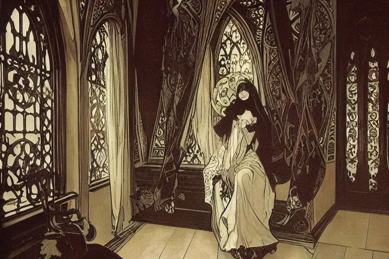 Image similar to gothic castle interior design by alphonse mucha