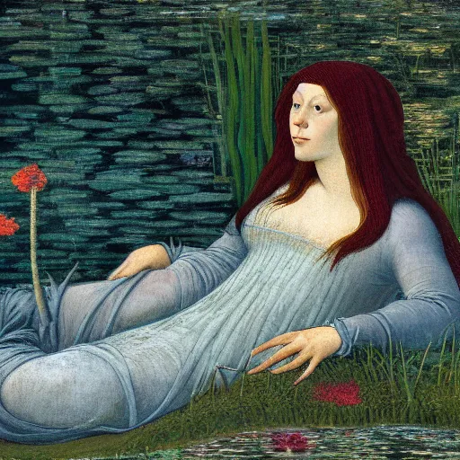 Prompt: ophelia, laying flat submerged in water, close up portrait, under the river amongst the reeds, fully covered in robes and lake foliage, weeds reeds, fully clothed in flowing medieval robes, by leonardo devinci, botticelli, devinci, rosetti and monet, 8 k