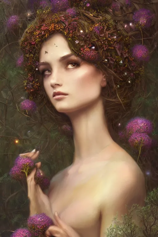Image similar to Nocturne, glowing, stars, beautiful sly dryad, long hair with flowers and leaves in it, highly detailed, mysterious, ethereal, autumn colored medieval gown, haute couture, illustration, dramatic lighting, soft details, painting, by Edmund Blair Leighton, Brom, Charlie Bowater, trending on artstation, faces by otto schmidt