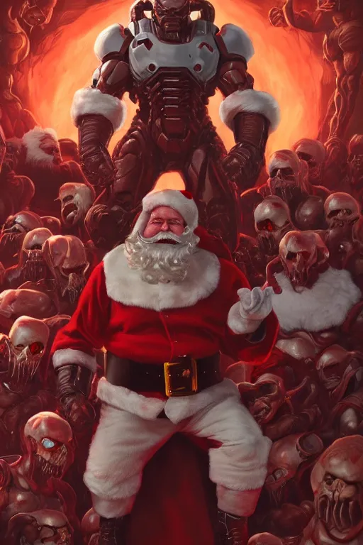 Prompt: ( doom ) cover featuring santa!! claus!! surrounded by demons, by jimmy presler, artstation, vivid gaze, penetrating gaze