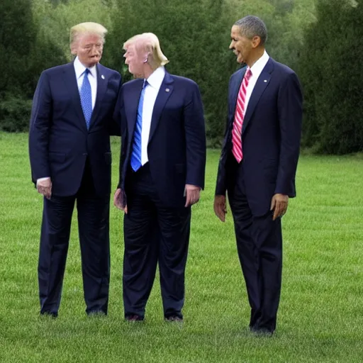 Image similar to putin, trump, obama and bush having a lightsaber battle and smiling