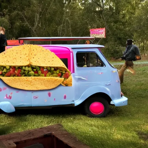 Prompt: a taco car called the smelly cat, with apple salsa and sprinting hitler