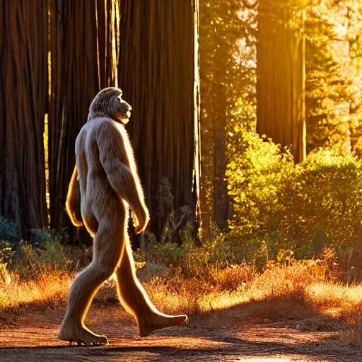 Prompt: bigfoot walking in the california redwoods, golden hour, award winning photography, 2 0 0 mm, f 2. 8, 8 k