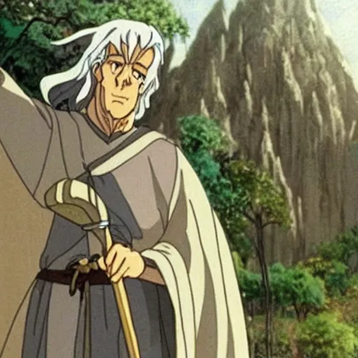 Image similar to gandalf from the anime lord of the rings (1986), holding a wooden staff, studio ghibli, very detailed, realistic