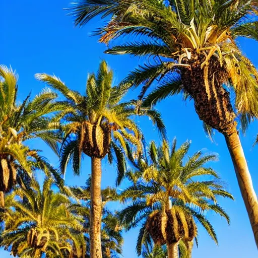 Prompt: corkscrew palm trees clear blue sky, flying