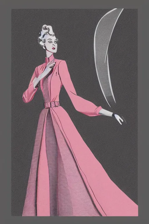 Image similar to a detailed high fashion couture illustration of a mid - century outfit