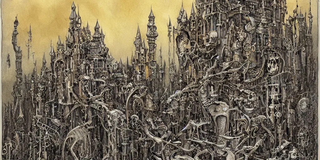 Prompt: a beautiful painting of skeleton fantasy gold world with architecture design haasan fatahy by aaron horkey, trending on artstation