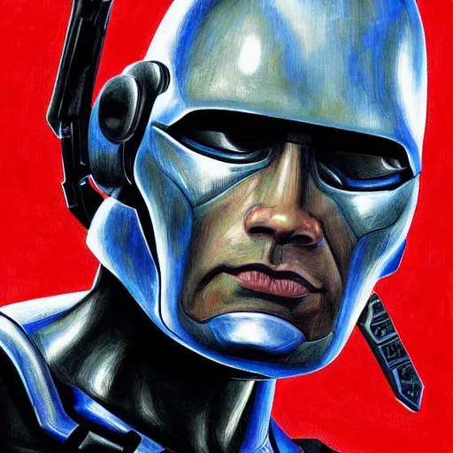 Image similar to dwayne johnson is robocop, digital painting, by bowater charlie, by delville jean