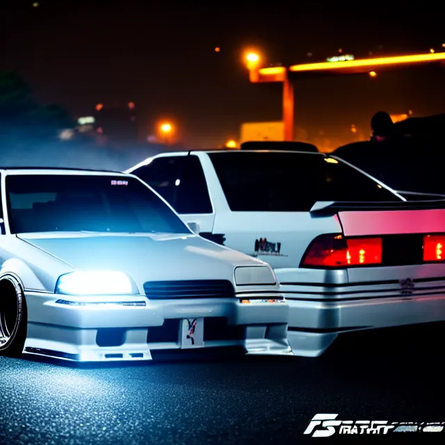 Image similar to a car JZX90 twin turbo drift at illegal car meet, Saitama prefecture, city midnight mist lights, cinematic lighting, photorealistic, highly detailed wheels, high detail