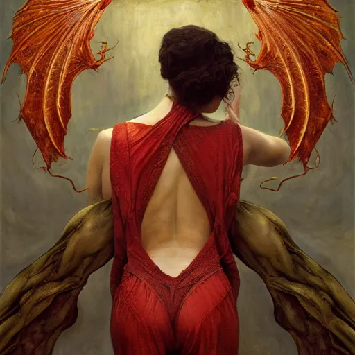 Prompt: the red dragon | highly detailed oil painting, hyperrealistic, very intrincate | cinematic lighting, award - winning | by roberto ferri, gustav klimt, william waterhouse and tom bagshaw | by austin osman spare and william blake, trending on artstation, cgsociety, official art, octane.